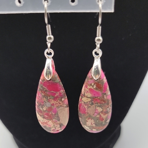Ruby Orange Sea Sediment Jasper Pyrite Teardrop Pendant Earrings Gemstone - Picture 1 of 5